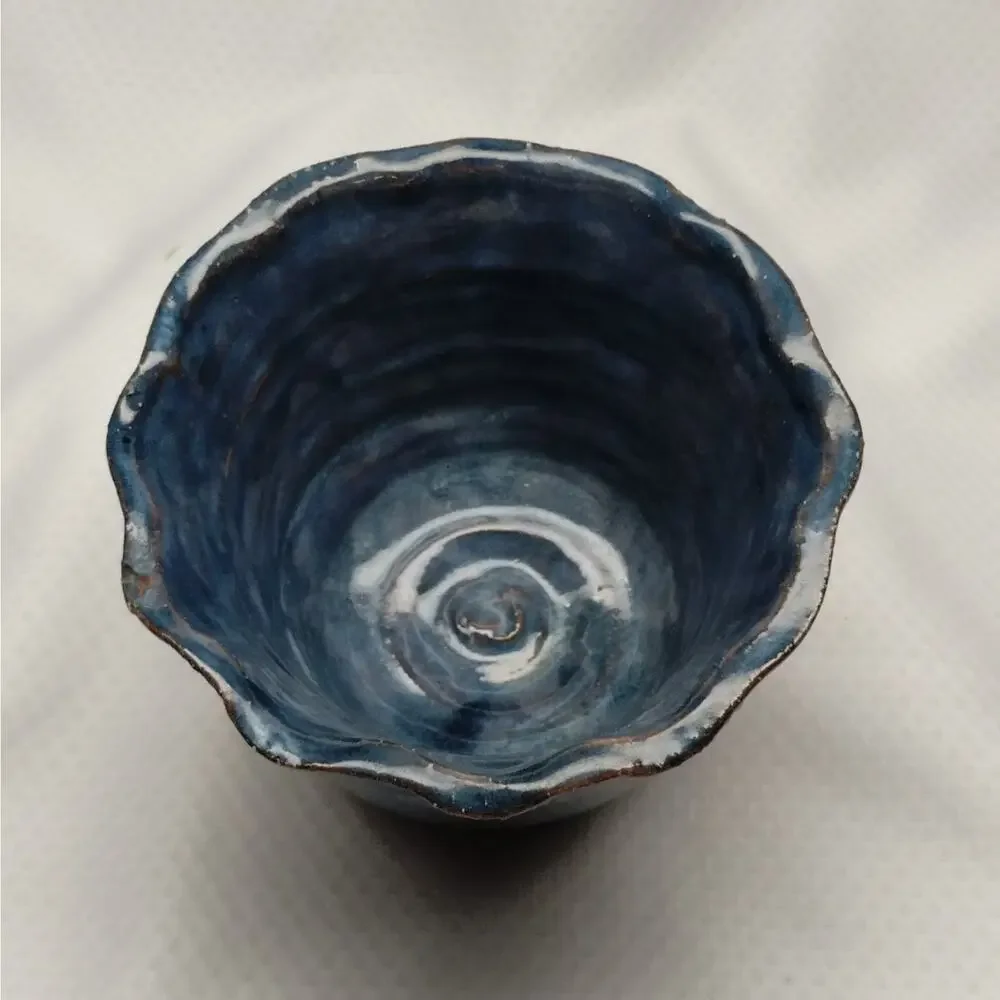 Studio Pottery Planter Blue Glaze Scalloped Edge Footed Hand Thrown Signed 5-In